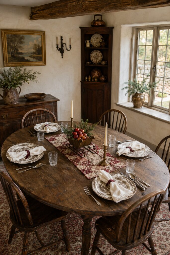 Brown transferware plates and cream napkins surround an apple filled miniature sleigh on a red patchwork runner with brass candlesticks for Christmas