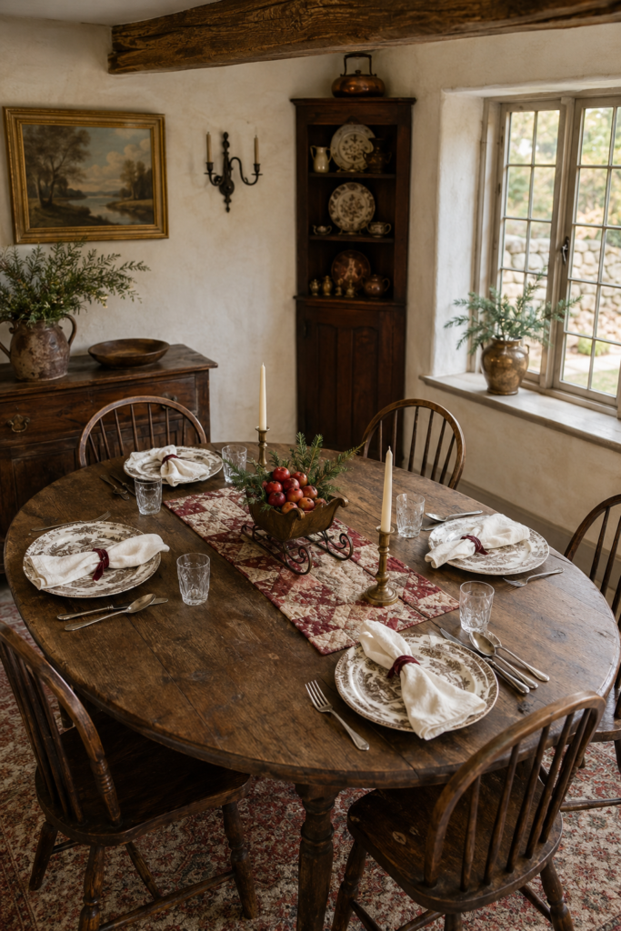 Brown transferware plates and cream napkins surround an apple filled miniature sleigh on a red patchwork runner with brass candlesticks for Christmas