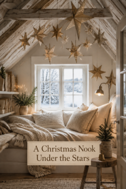 Layered ivory cushions and glowing stars in a farmhouse attic with a banner reading A Christmas Nook Under the Stars