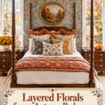 Floral fall bedroom with rust quilt patterned pillows and layered florals headline in a cream frame