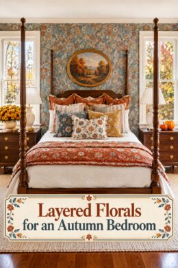 Floral fall bedroom with rust quilt patterned pillows and layered florals headline in a cream frame
