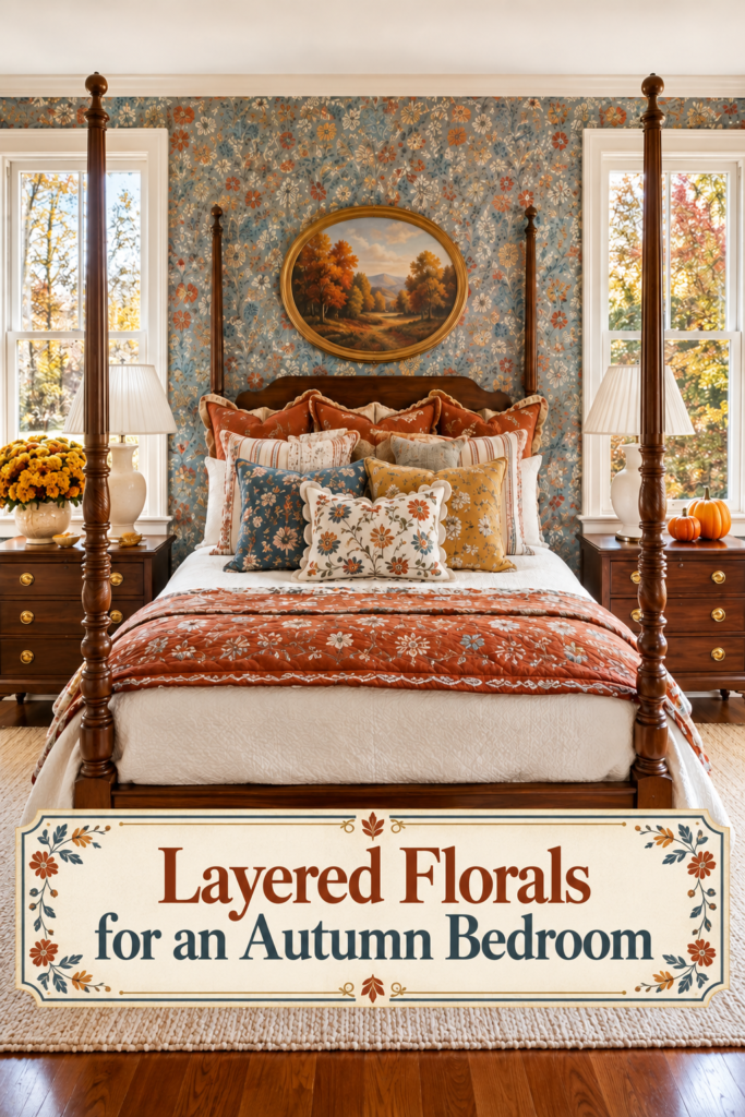 Floral fall bedroom with rust quilt patterned pillows and layered florals headline in a cream frame