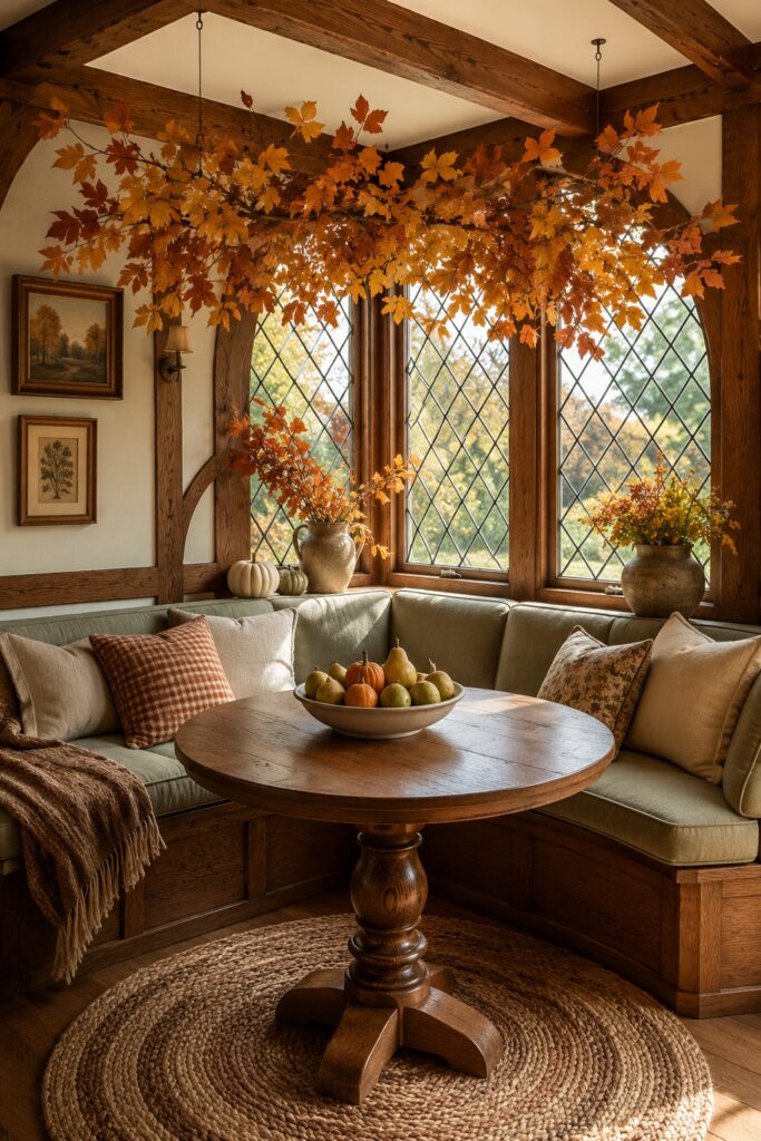 Autumn branch canopy above a cottage breakfast nook with sage bench cushions a round wooden table and a bowl of pears and small pumpkins