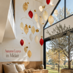 Autumn Leaves in Midair with brass leaf mobile neutral seating terrazzo floor