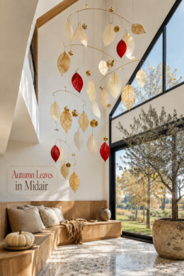 Autumn Leaves in Midair with brass leaf mobile neutral seating terrazzo floor