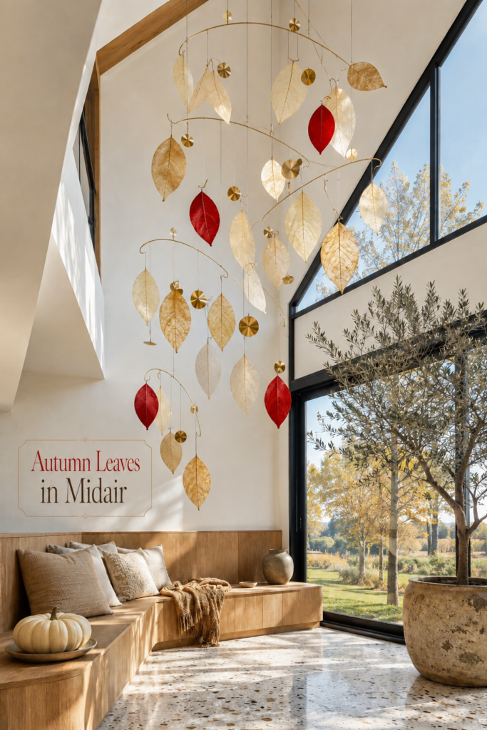 Autumn Leaves in Midair with brass leaf mobile neutral seating terrazzo floor and sunlit garden windows