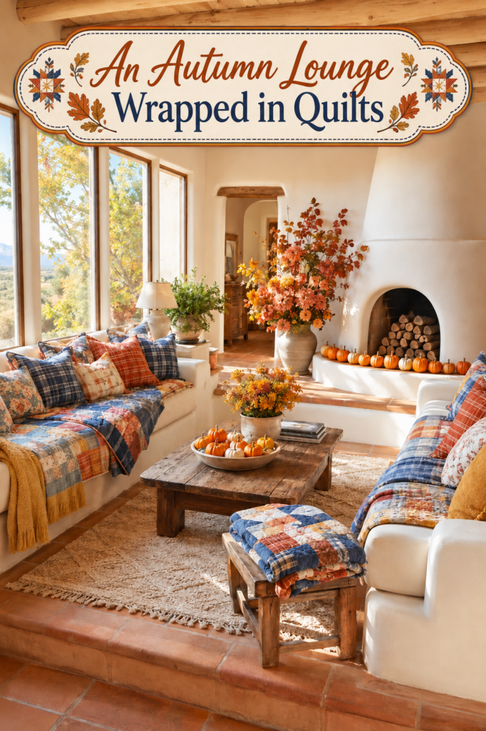 sunlit fall lounge with layered quilts and An Autumn Lounge Wrapped in Quilts headline