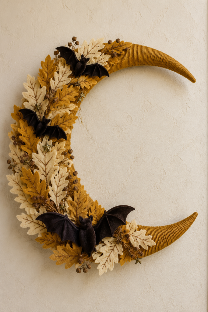Golden yarn crescent Halloween wreath with three black velvet bats cream and ochre oak leaves and small brass stars on a textured ivory wall