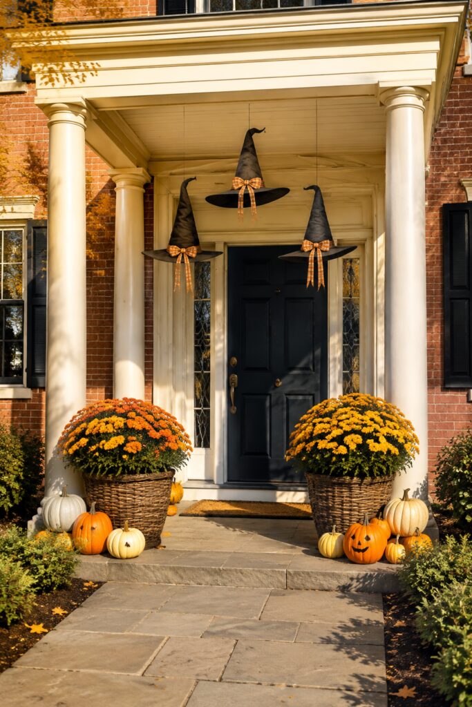 Three floating black witch hats with orange gingham bows above a Colonial porch with cream columns baskets of mums and orange and ivory pumpkins