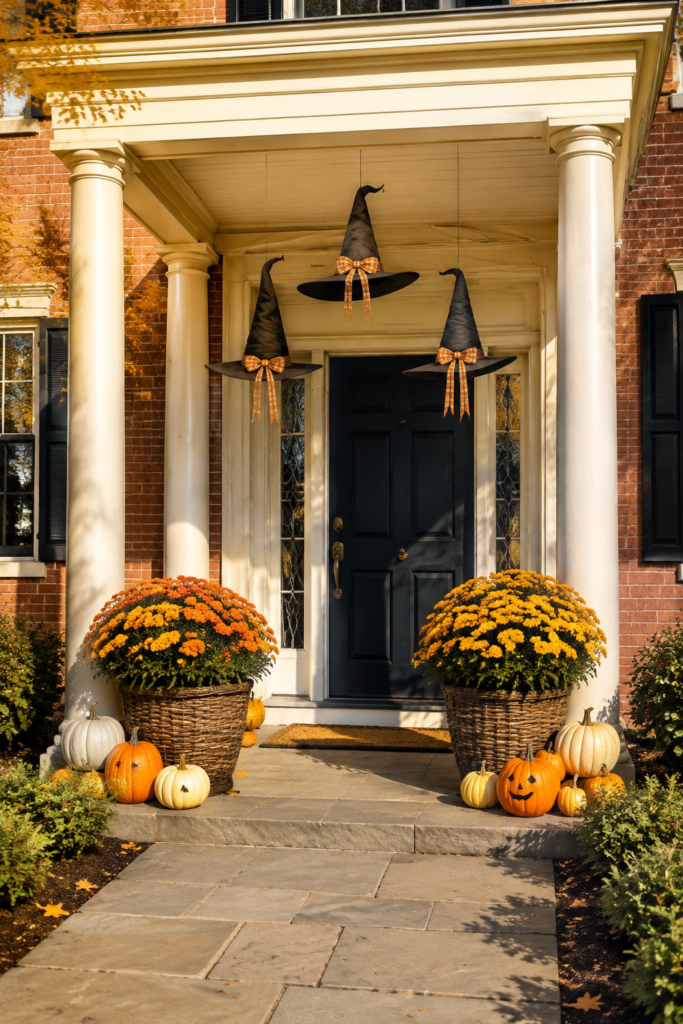 Three floating black witch hats with orange gingham bows above a Colonial porch with cream columns baskets of mums and orange and ivory pumpkins
