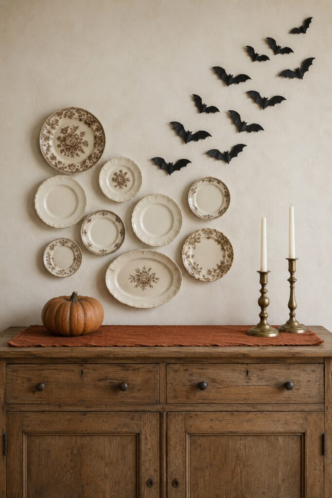 Cream and brown floral plates with black bats sweeping up the wall above a rustic cabinet with an orange pumpkin and brass candlesticks