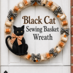 Halloween sewing basket wreath with a black fabric cat wooden spools and checked ribbon surrounding the words Black Cat Sewing Basket Wreath