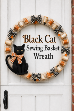 Halloween sewing basket wreath with a black fabric cat wooden spools and checked ribbon surrounding the words Black Cat Sewing Basket Wreath