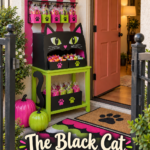 The Black Cat Treat Stop with painted pumpkins paw print rugs and a lime green console