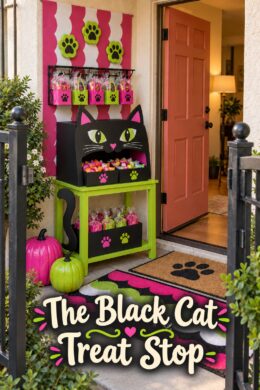 The Black Cat Treat Stop with painted pumpkins paw print rugs and a lime green console