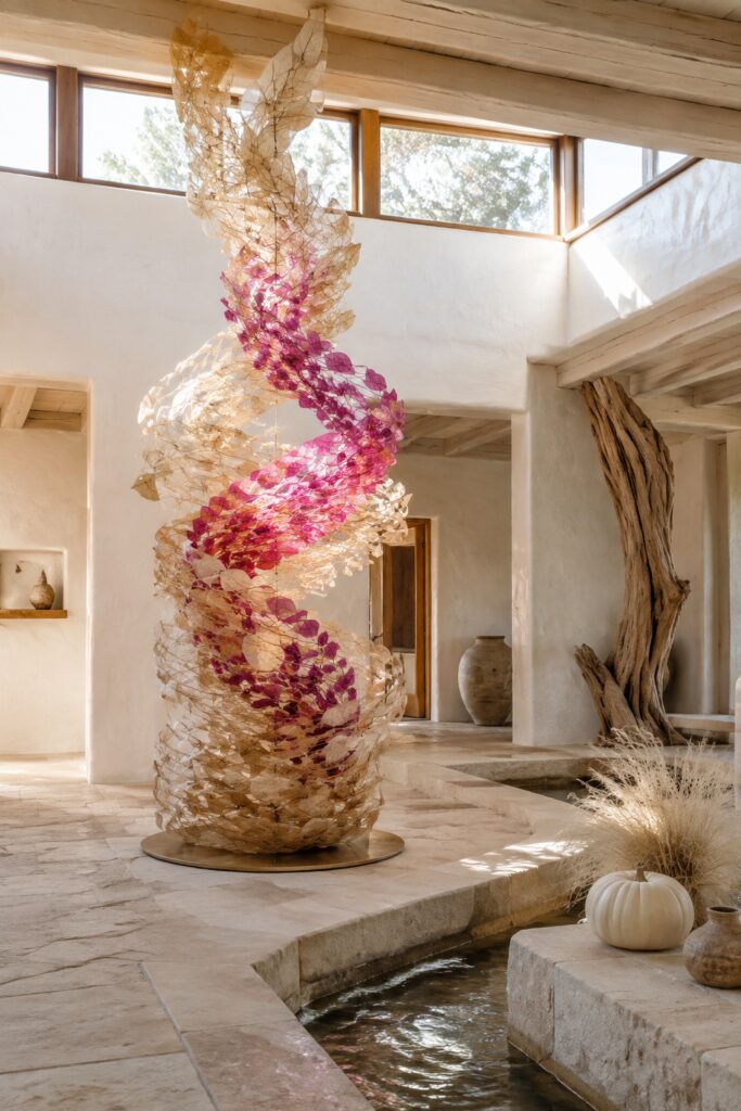 Spiraling pink and golden leaf sculpture in a sunlit desert atrium with cream plaster walls a stone water channel and an ivory fall pumpkin