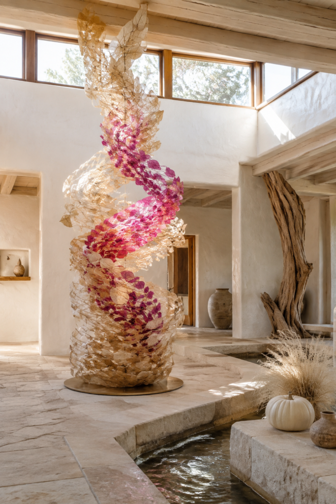 Spiraling pink and golden leaf sculpture in a sunlit desert atrium with cream plaster walls a stone water channel and an ivory fall pumpkin