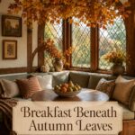 Fall breakfast nook framed by golden leaves and diamond pane windows with text reading Breakfast Beneath Autumn Leaves