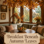 Fall breakfast nook framed by golden leaves and diamond pane windows with text reading Breakfast Beneath Autumn Leaves