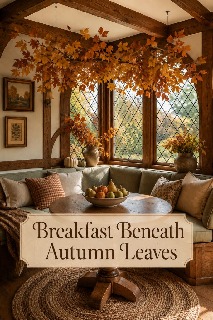Fall breakfast nook framed by golden leaves and diamond pane windows with text reading Breakfast Beneath Autumn Leaves
