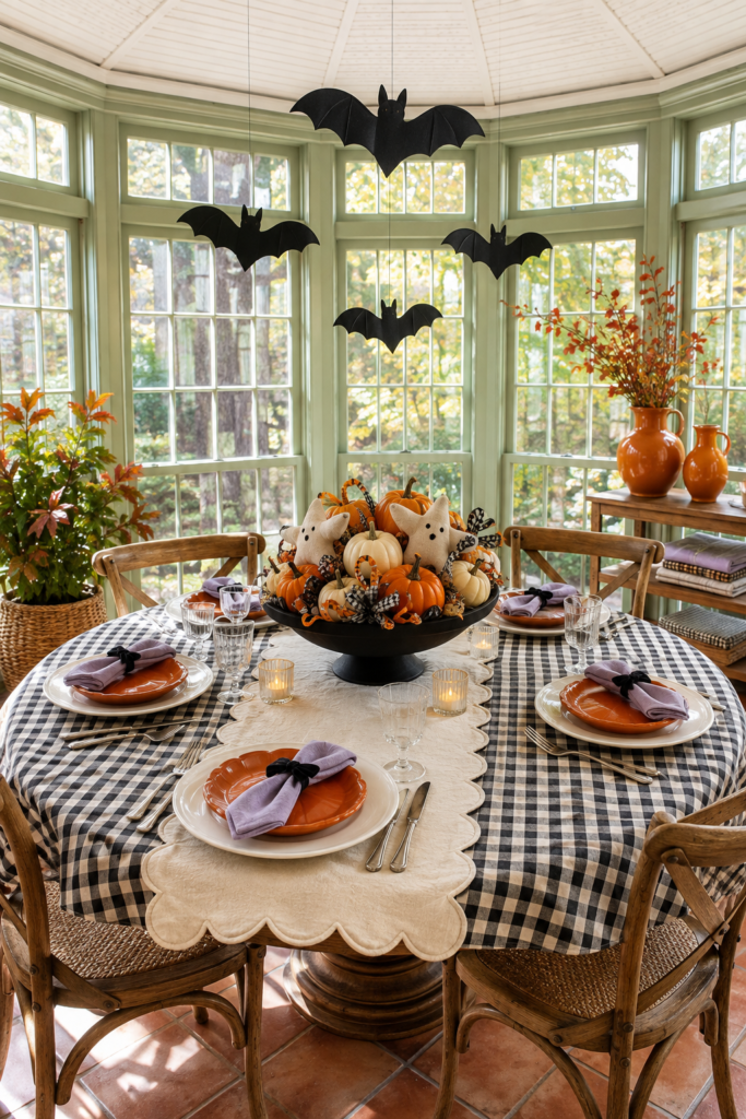 gingham Halloween table with pumpkin plates lavender napkins ghost centerpiece and floating paper bats