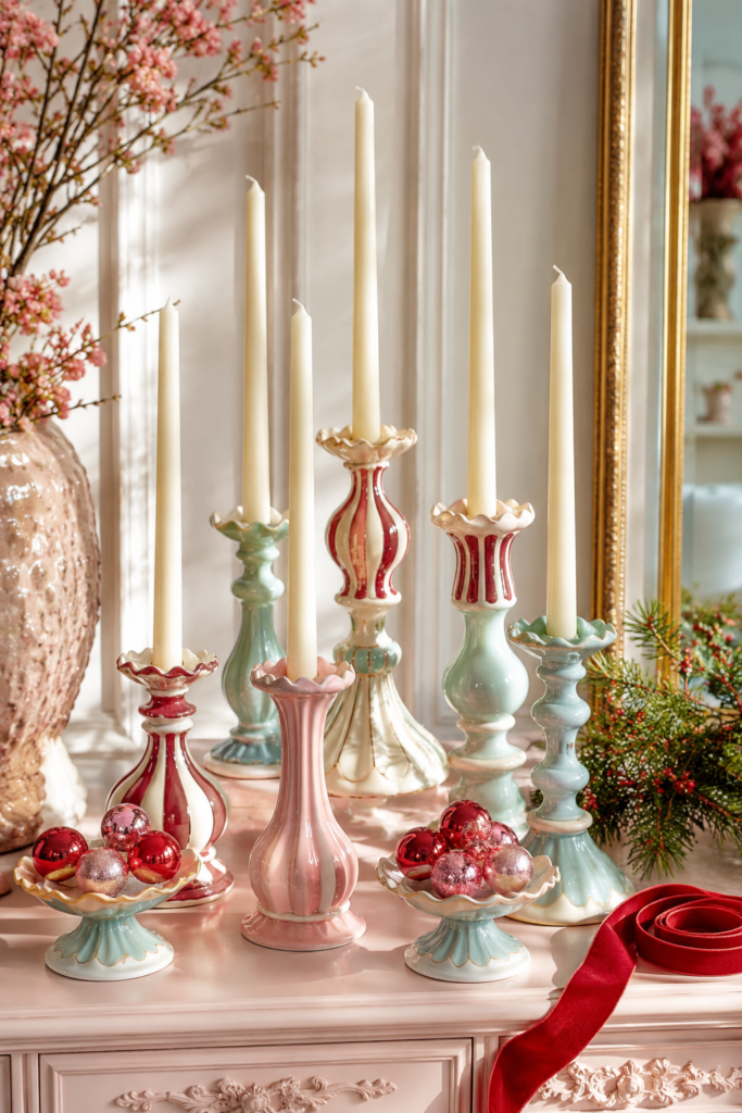 candy striped Christmas candleholders with pastel ceramics ivory tapers and ornaments