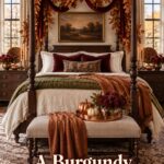 Thanksgiving bedroom with burgundy canopy olive bedding copper pumpkins and burgundy harvest bedroom title