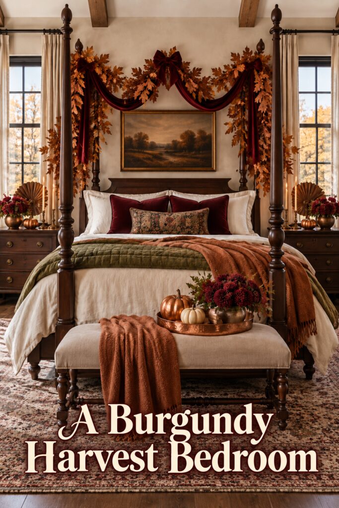 Thanksgiving bedroom with burgundy canopy olive bedding copper pumpkins and burgundy harvest bedroom title