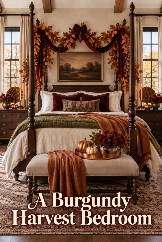 Thanksgiving bedroom with burgundy canopy olive bedding copper pumpkins and burgundy harvest bedroom title
