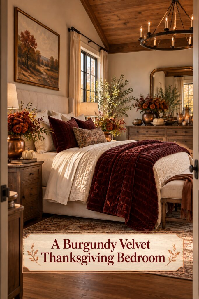 Burgundy velvet Thanksgiving bedroom with title text below the bed and copper floral arrangements