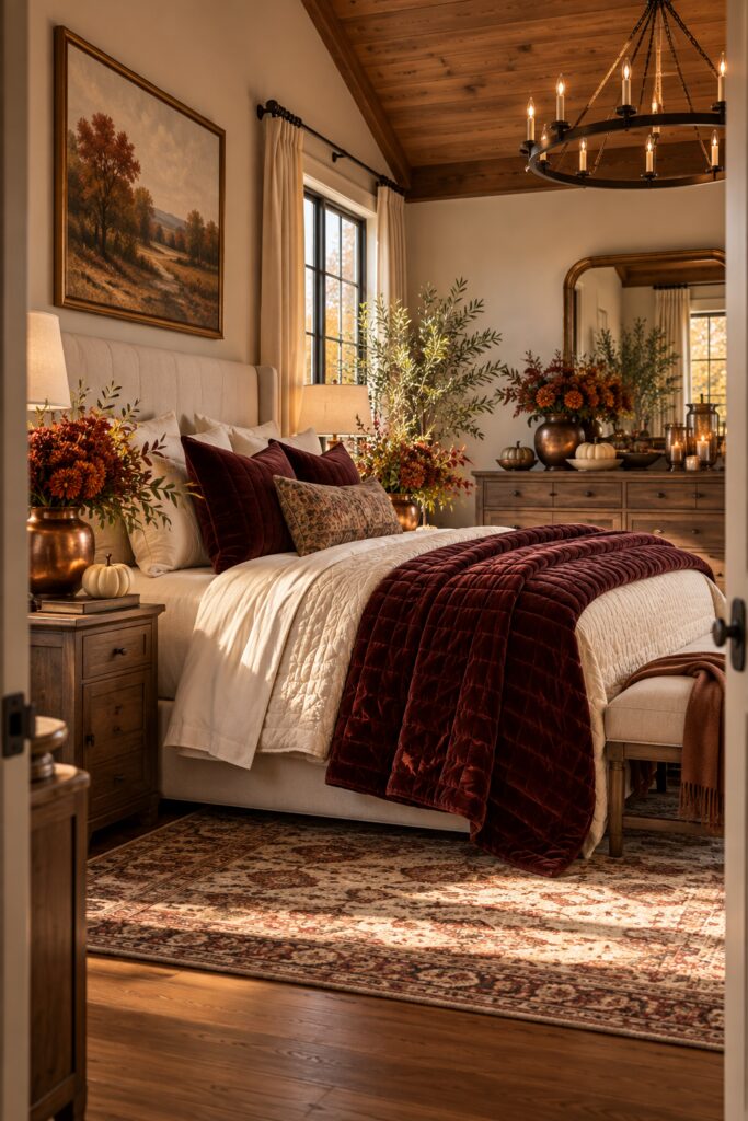 Thanksgiving bedroom with burgundy velvet quilt copper flower vases ivory pumpkins and autumn landscape art