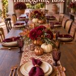 Mediterranean patio table with copper accents burgundy flowers and burgundy copper Thanksgiving table title