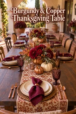 Mediterranean patio table with copper accents burgundy flowers and burgundy copper Thanksgiving table title