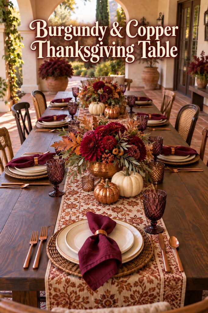 Mediterranean patio table with copper accents burgundy flowers and burgundy copper Thanksgiving table title
