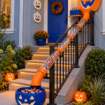 Candy Slides This Way Halloween setup with orange chute blue catch bin and glowing stair edges