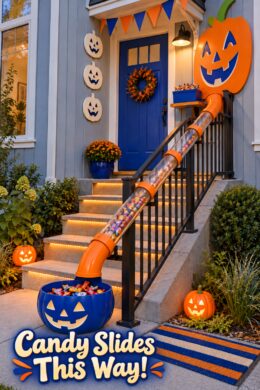 Candy Slides This Way Halloween setup with orange chute blue catch bin and glowing stair edges