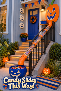 Candy Slides This Way Halloween setup with orange chute blue catch bin and glowing stair edges