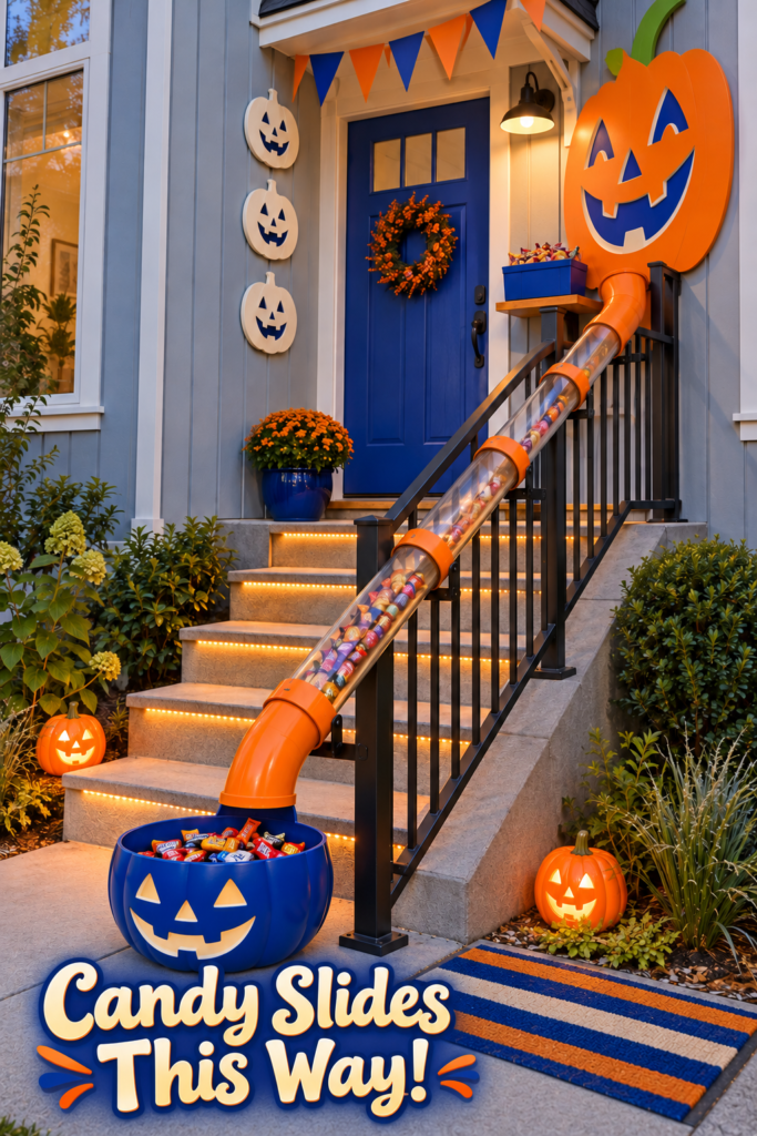 Candy Slides This Way Halloween setup with orange chute blue catch bin and glowing stair edges