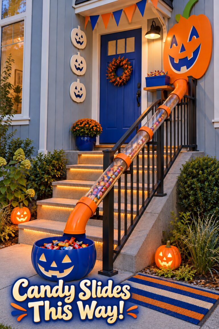 Candy Slides This Way Halloween setup with orange chute blue catch bin and glowing stair edges