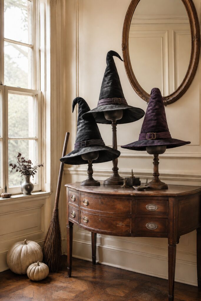 Three charcoal and plum velvet witch hats on wooden stands atop an antique dresser with an oval mirror broom and ivory pumpkins for Halloween