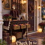 Check in for Halloween treats at a Victorian porch desk with glowing ivory pumpkins and framed portraits