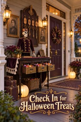 Check in for Halloween treats at a Victorian porch desk with glowing ivory pumpkins and framed portraits