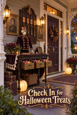 Check in for Halloween treats at a Victorian porch desk with glowing ivory pumpkins and framed portraits