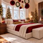 Christmas Above the Bed title beside suspended ornaments over a red and cream holiday bedroom