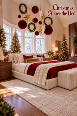 Christmas Above the Bed title beside suspended ornaments over a red and cream holiday bedroom