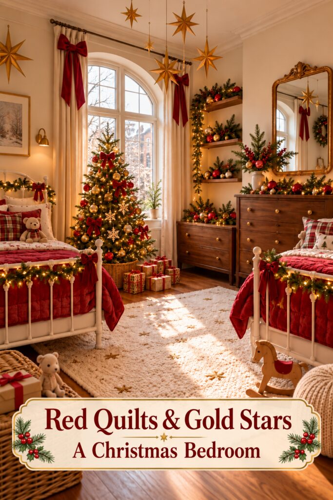 Red Quilts and Gold Stars title over a Christmas childrens bedroom with twin beds velvet bows and a decorated tree
