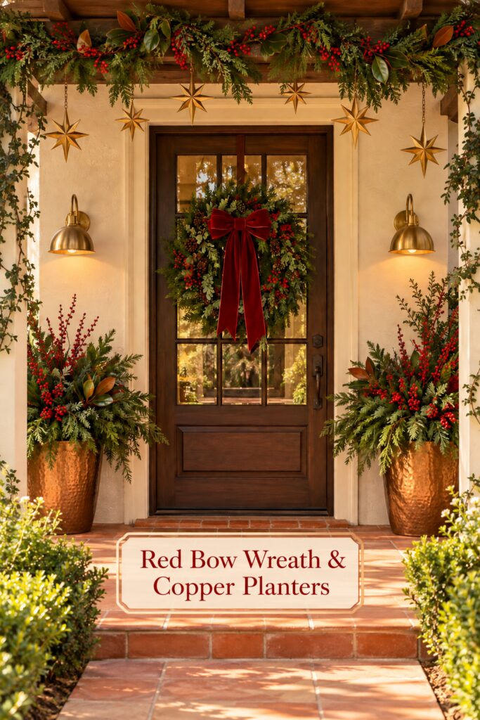 Red bow Christmas wreath and copper porch planters with title text across the tiled step
