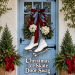 Blue cottage door with Christmas ice skate swag headline and evergreen planters
