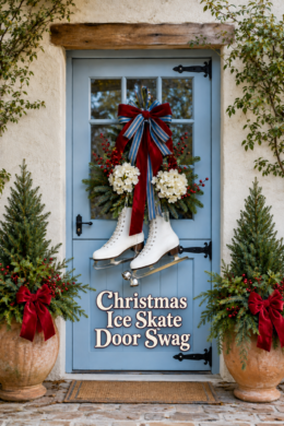 Blue cottage door with Christmas ice skate swag headline and evergreen planters