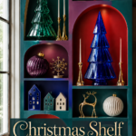 Jewel tone Christmas shelves with emerald and cobalt trees gold candleholders and ceramic houses behind an ivory Christmas Shelf Jewels text overlay